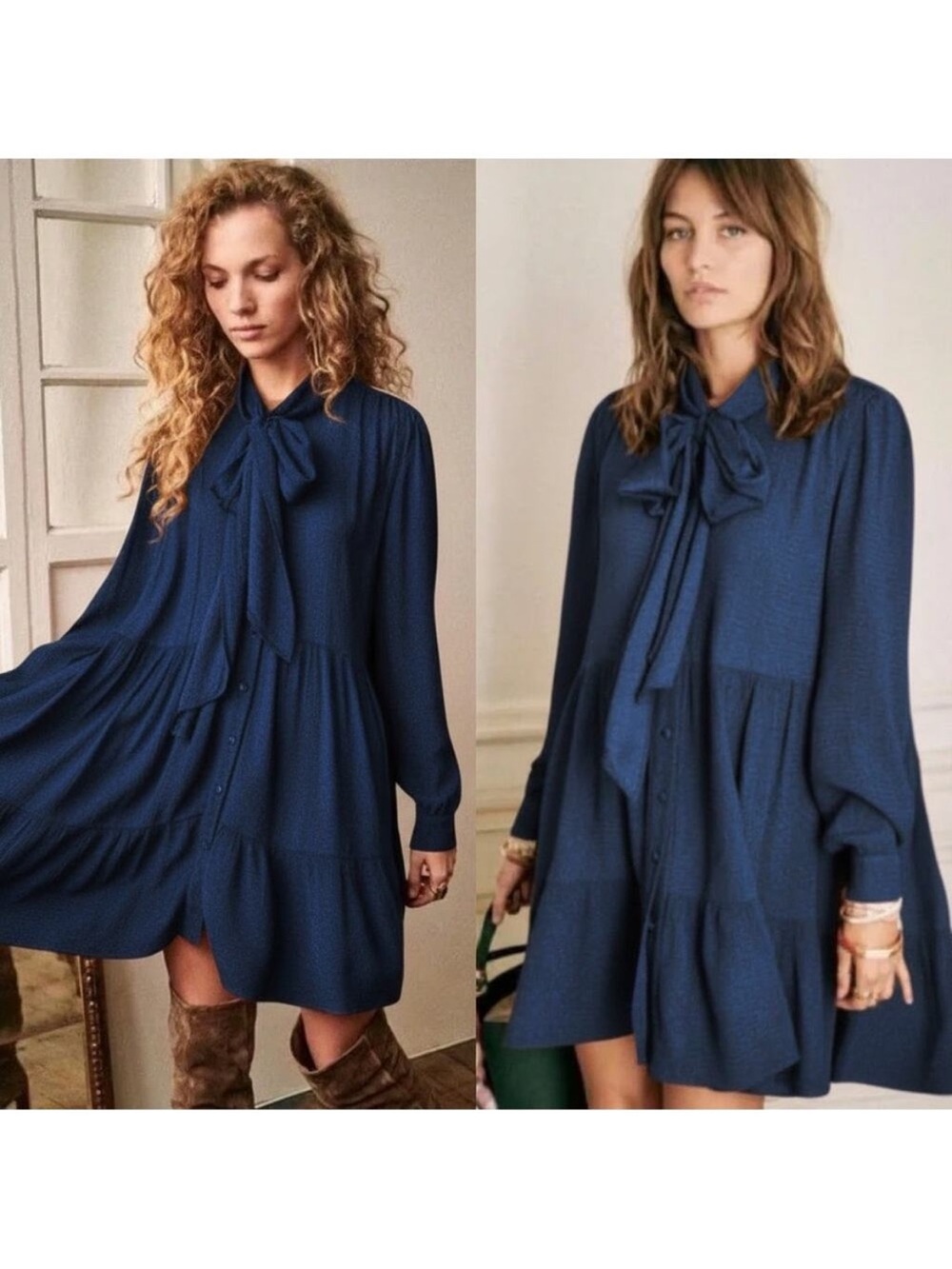 SEZANE Selena Tie Neck Tiered Blue Dress Size 38/6
